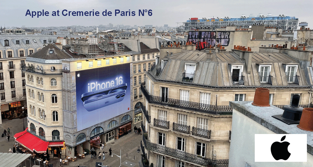 Apple iPhone Billboard above Cremerie de Paris No6 - in the background Museum Centre Pompidou. Cremerie de Paris is a Telecom Landmark connected to many inventions and many iconic Brands. Apple iPhone and Cremerie de Paris